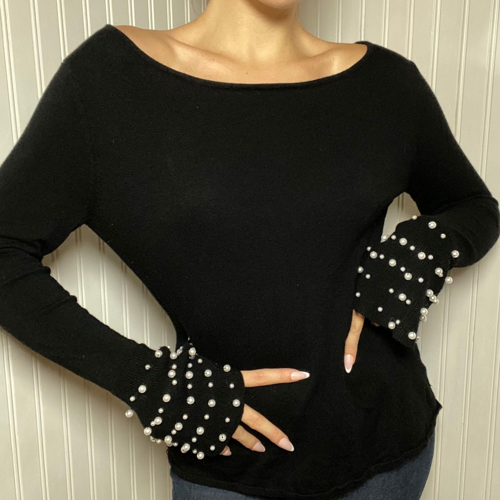 Pearl Beaded Trumpet Sleeve Black Knit Boat Neck Long Sleeve Soft Blouse - Small